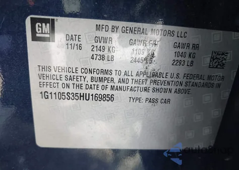 2017 Chevrolet Impala 1Lt from USA, damaged, VIN 1G1105S35HU169856